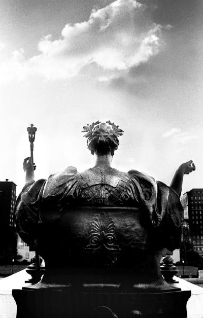 Photo: Charlotte Force black and white photo of the back of Alma Mater