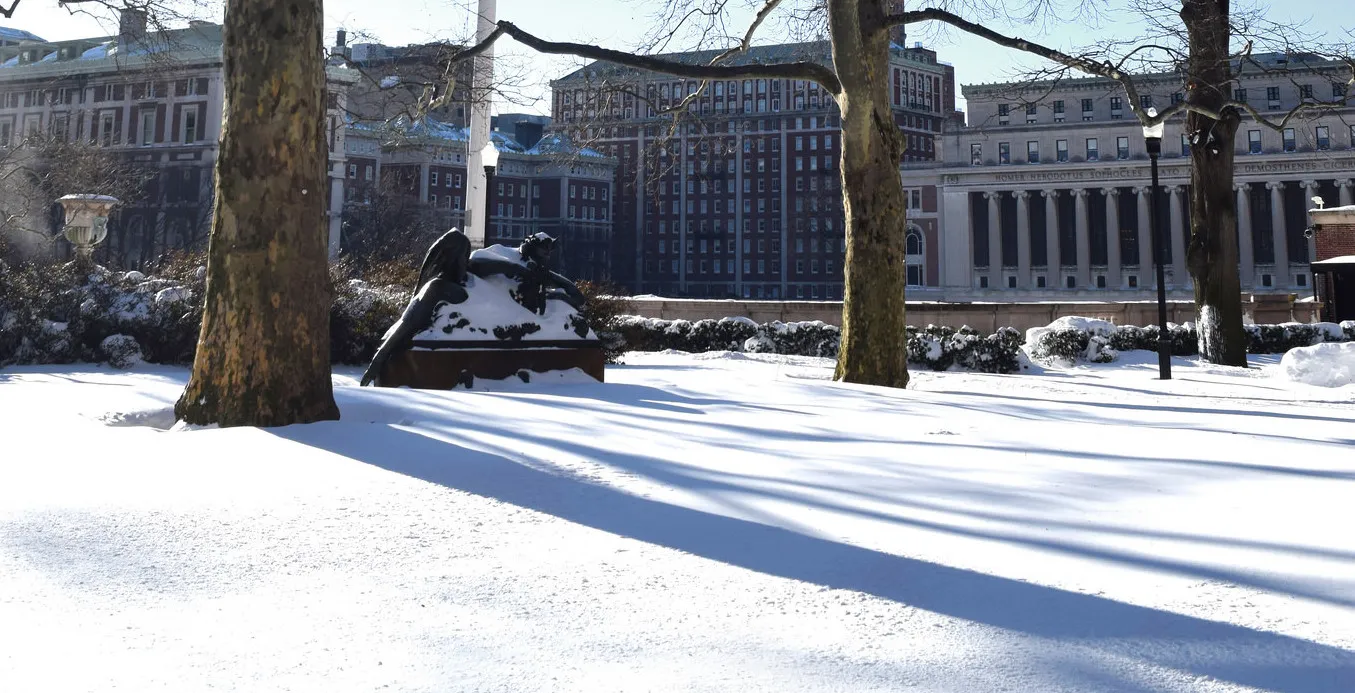 Dodge Hall lawn in winter with snow