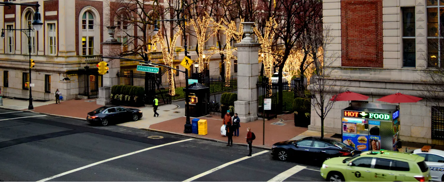 College walkway with holiday lighting
